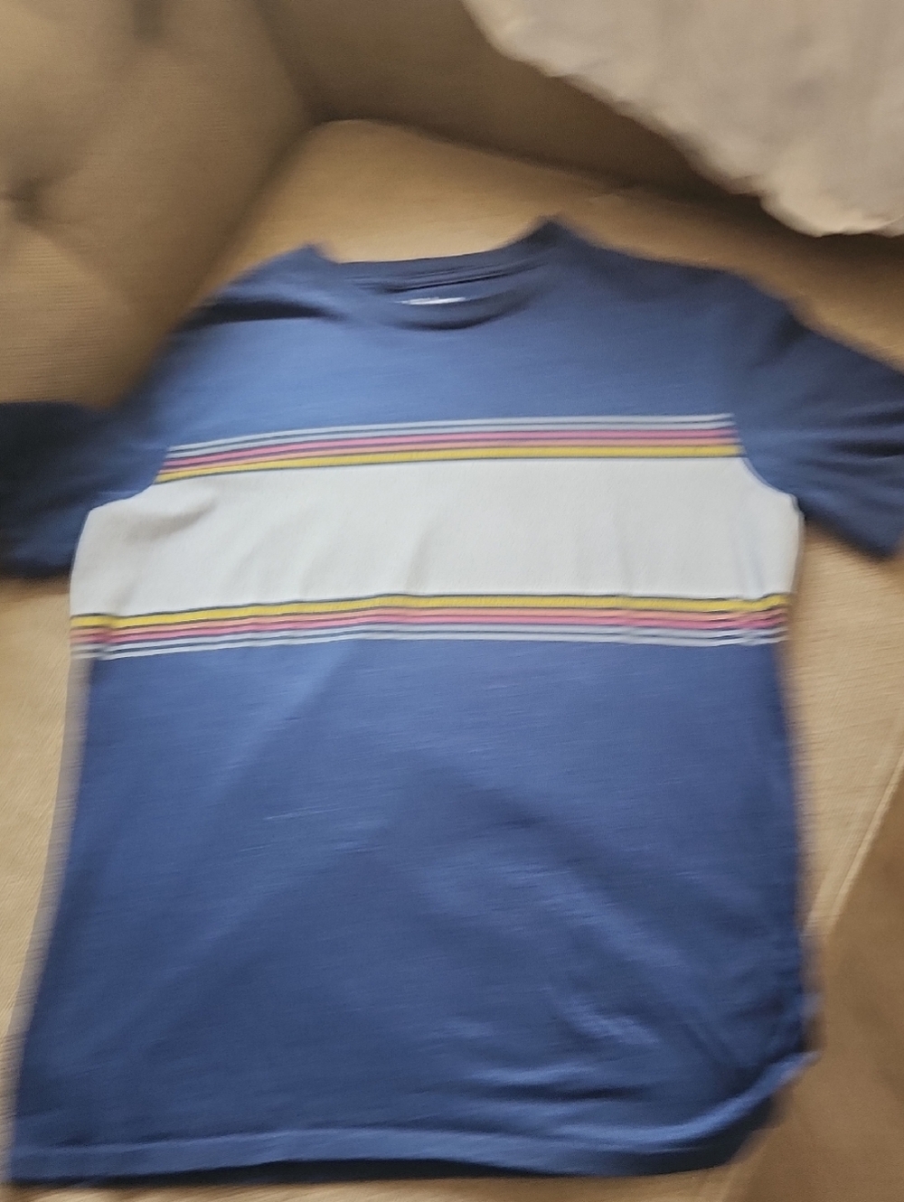 Y2k Urban Pipeline Blue Tee with White Chest Panel and Rainbow Stripes